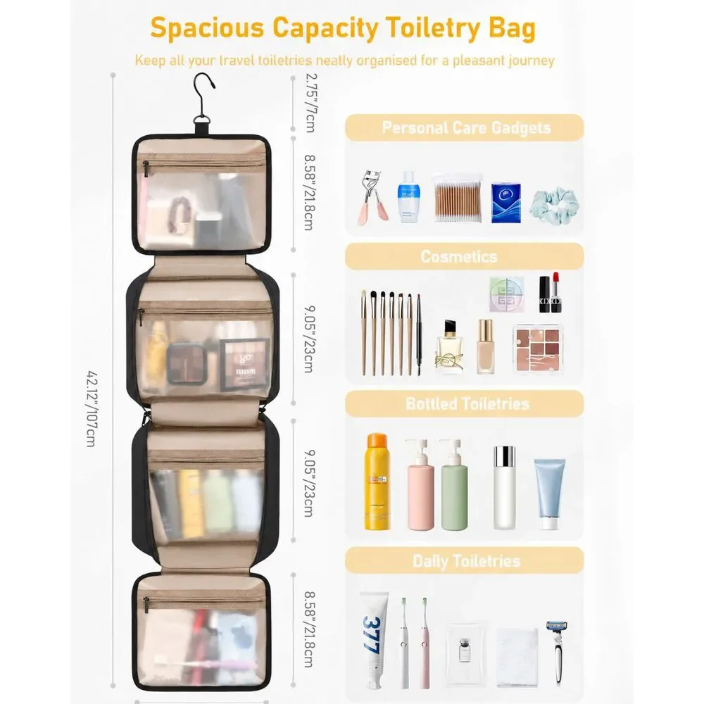 Hanging Travel Toiletry Bag 5 Compartments Water-Resistant Black Medium